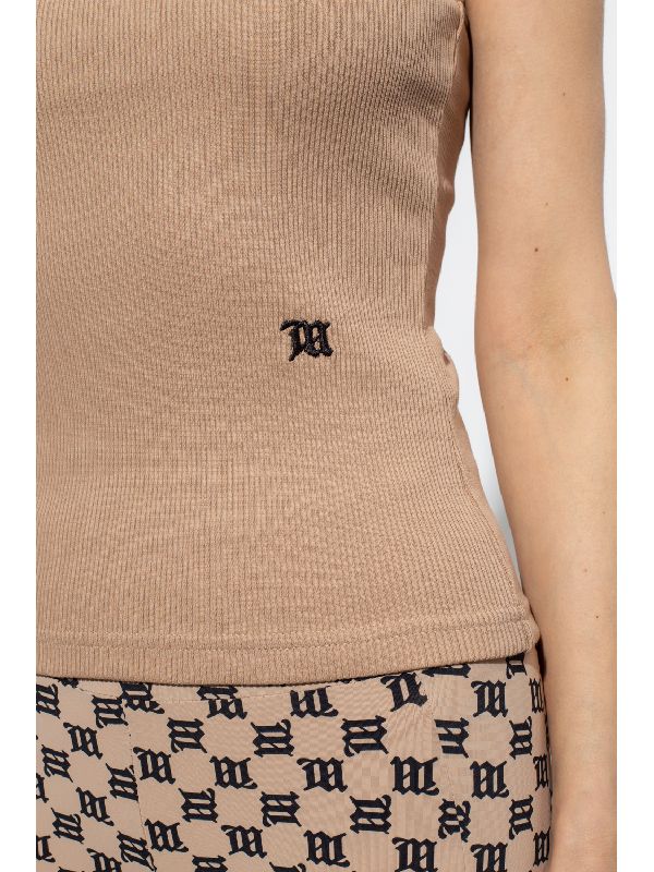 Logo-embroidered beige sleeveless top