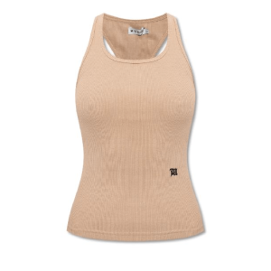 Logo-embroidered beige sleeveless top