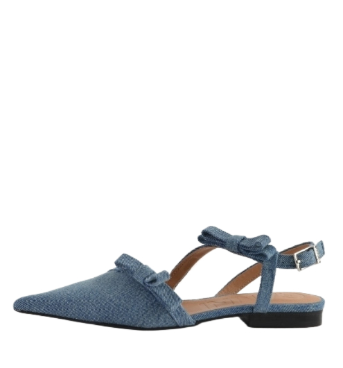 Denim multi-bow pointy cut-out ballerina shoes