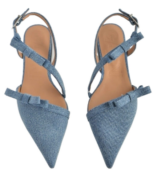 Denim multi-bow pointy cut-out ballerina shoes