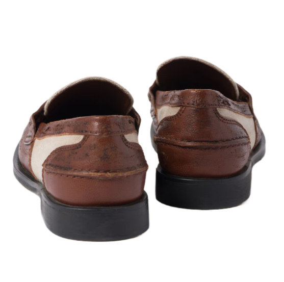 Coin-pendant linen-leather penny loafers