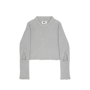 Distressed crew neck rib knit