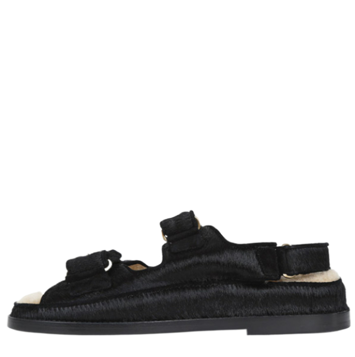 Black CC Velcro Velcro Shearling Strap Sandals