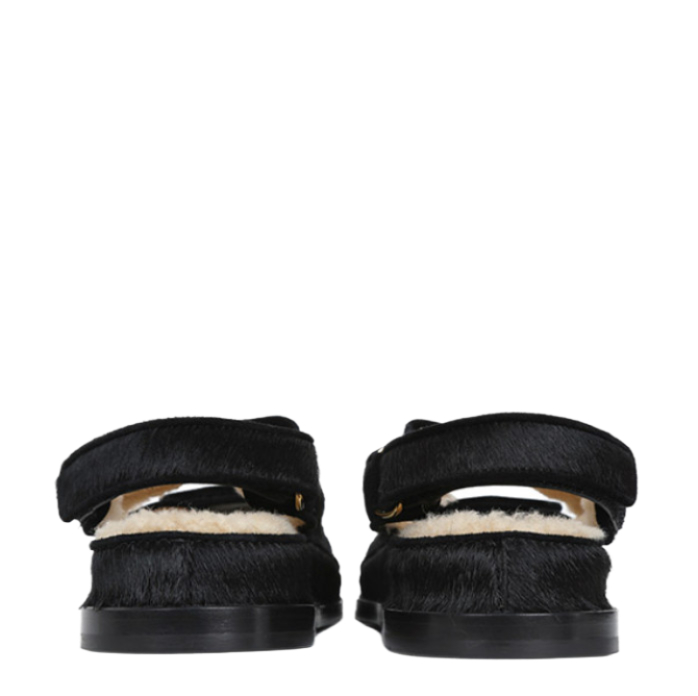 Black CC Velcro Velcro Shearling Strap Sandals