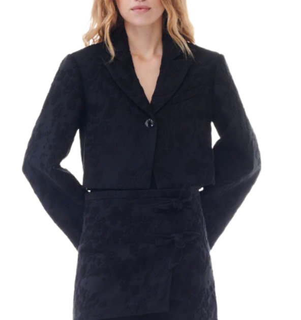 Gani Black Buckle Jacquard Suit Crop Blazer