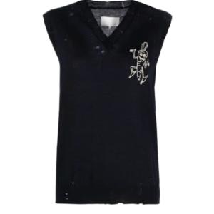 Distressed Wool Vest with Contrasting Embroidery