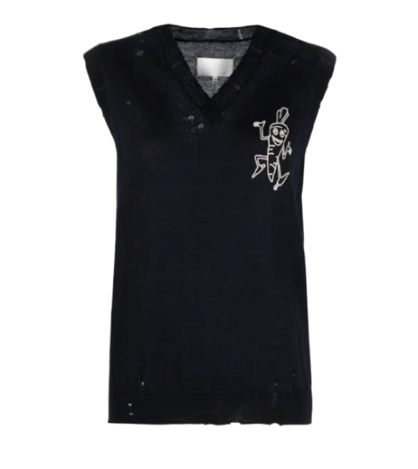 Distressed Wool Vest with Contrasting Embroidery