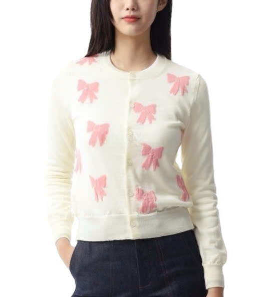 Ribbon Intarsia Jacquard Wool Cardigan