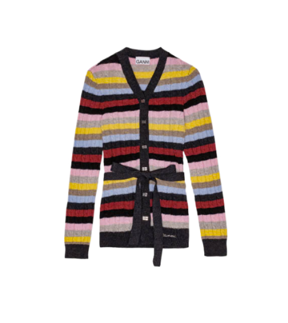 Multicolor striped belt cardigan