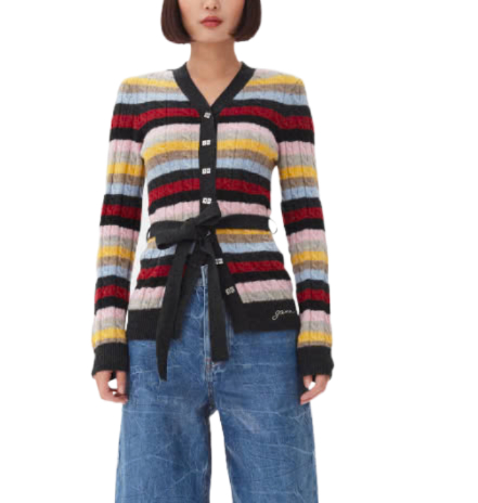 Multicolor striped belt cardigan