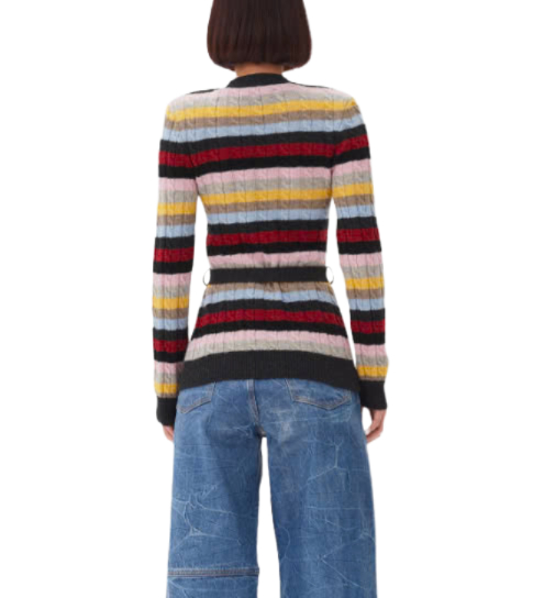 Multicolor striped belt cardigan