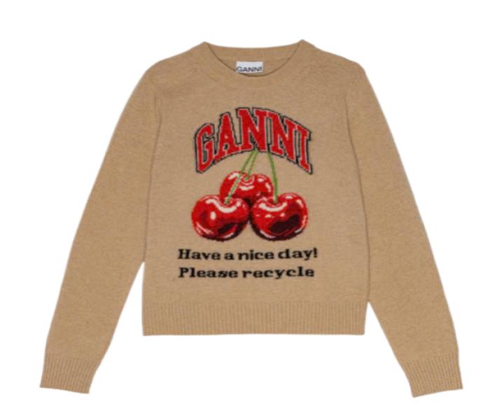 Camel Graphic Wool Mix Cherry Crewneck Pullover