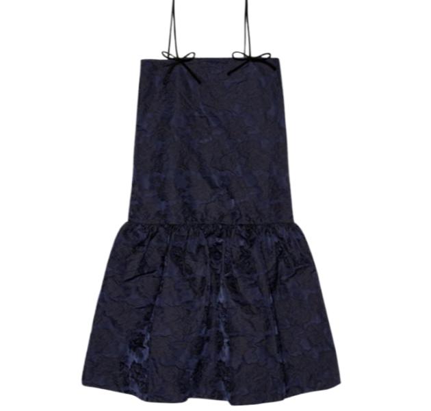 Navy Blue Botanical Jacquard Strap Midi Dress