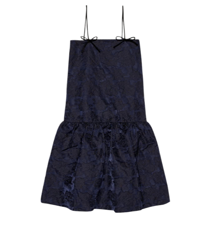 Navy Blue Botanical Jacquard Strap Midi Dress