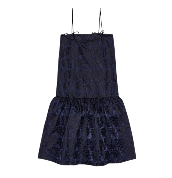 Navy Blue Botanical Jacquard Strap Midi Dress