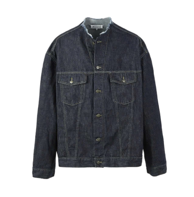 Backstitch collarless oversized denim jacket