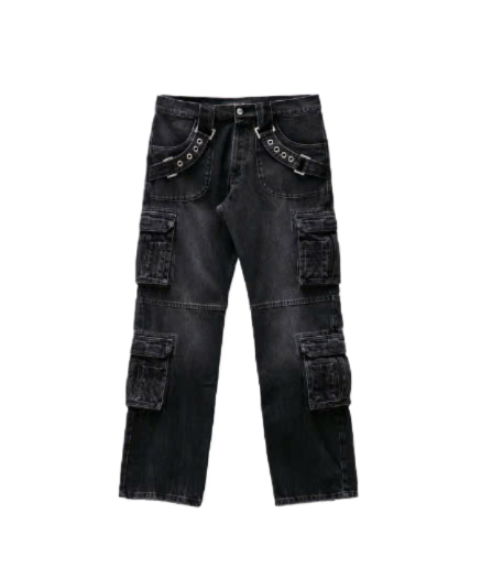 Harness Strap Denim Cargo Pants