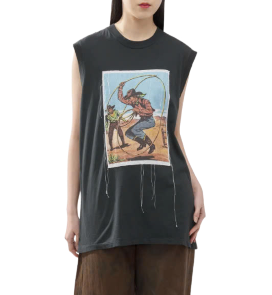 Cowboy Print Sleeveless T-Shirt - Washed Black