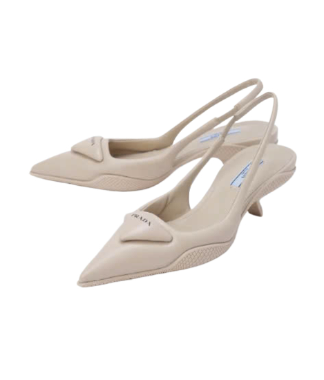 Soft Padded Leather Slingback Pumps Heel - Beige