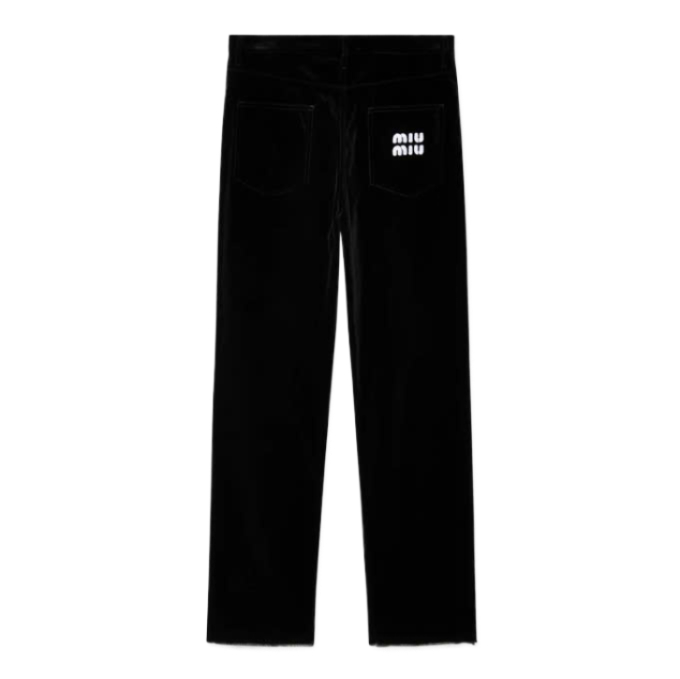 Washed Velvet Back Pocket Logo Pants - Black