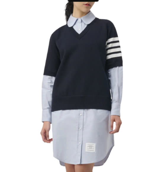 4 Bar Layered Long Shirt - Navy:Sky Blue