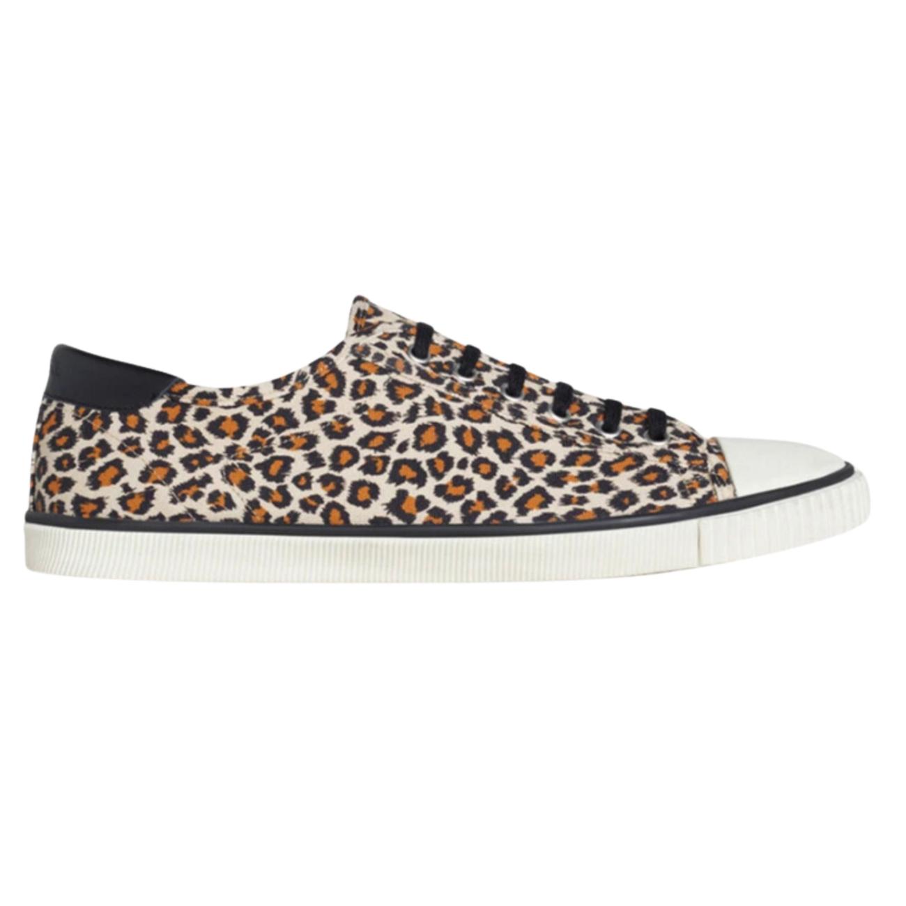 Celine Blank Low Lace Up Leopard Printed Sneaker with Toe Cap in Canvas and Calfskin Brown Black