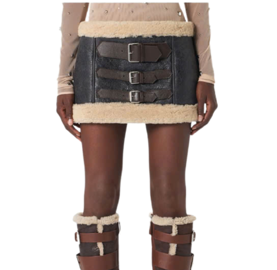 Buckle Strap Embellished Shearling Mini Skirt