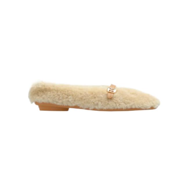 NOELLA Fluffy Leather Strap Flat Shoes