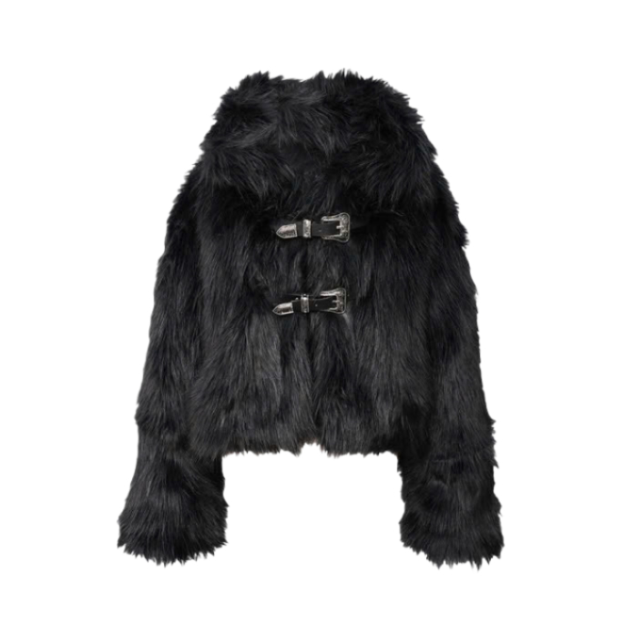 Elfelfelf Archives Women Buckle Fur Jacket Black