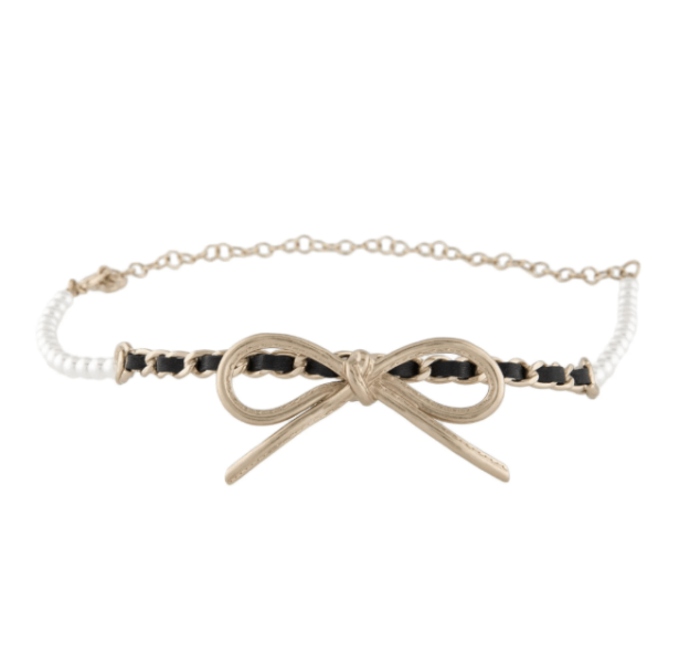 Pearl Metal CC Bow Choker Necklace Gold White Black