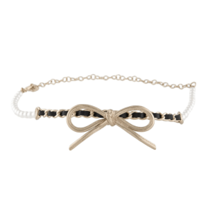 Pearl Metal CC Bow Choker Necklace Gold White Black