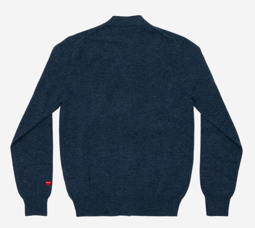 Play Comme des Garcons Small Red Heart On The Sleeves Cardigan Navy Blue