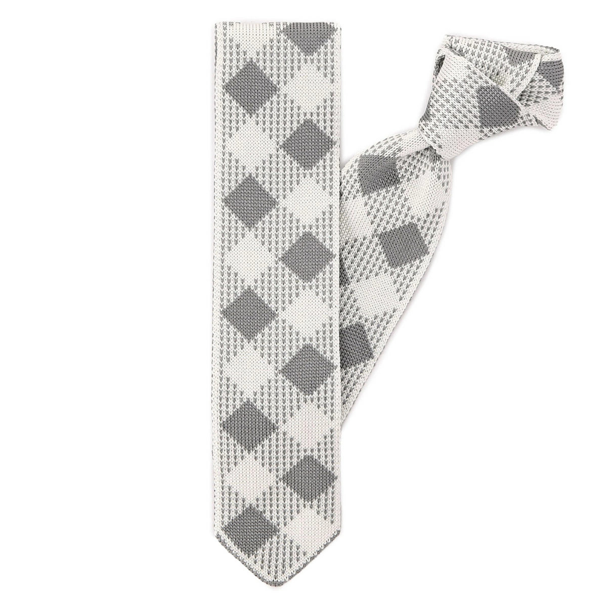 Knitted Silk Jacquard Gingham Check 4-Bar Tie Light Grey