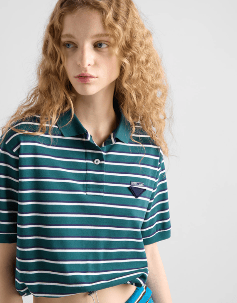 Cropped Striped Pique Polo Shirt