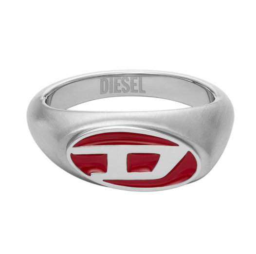 Diesel Dx1444040 Red Enamel and Stainless Steel Signet Ring Silver