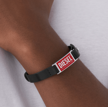 Diesel Dx1370 Black Leather Logo Stack Bracelet Black