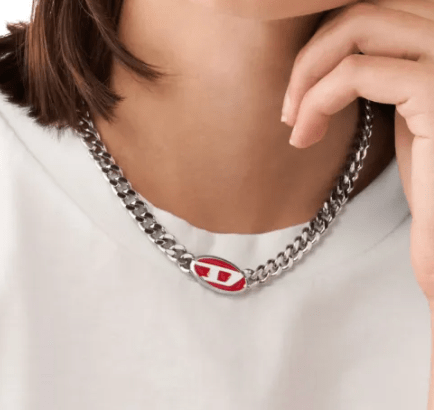 Diesel Dx1446 Red Enamel Stainless Steel Chain Necklace Silver