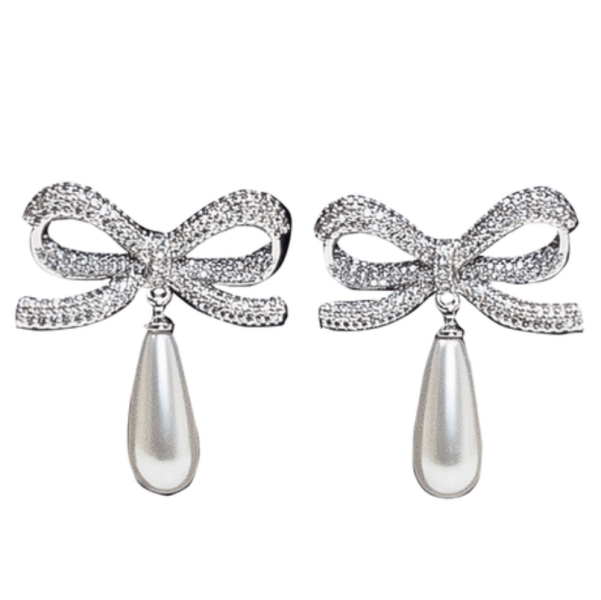 Crystal Bow Pearl Drop Earrings