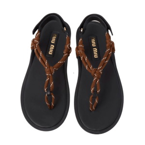 (W) Miu Miu Riviere Cord and Leather Sandals Tobacco