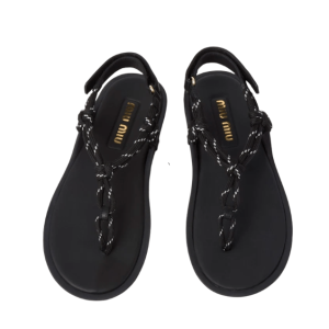 (W) Miu Miu Riviere Cord and Leather Sandals Black