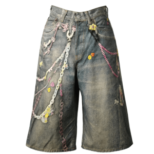 Trompe l'oeil printed denim shorts