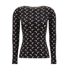 (W) Marine Serre Moon Printed Jersey Second Skin Crewneck Top Moon Tan On Black