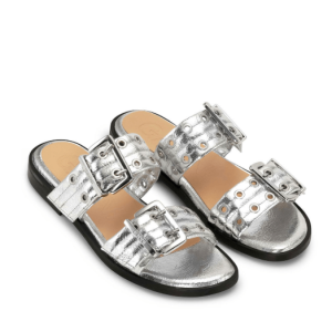 SILVER FEMININE BUCKLE TWO-STRAP SANDALS