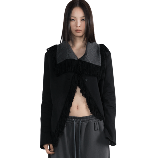 WET TAG High Neck Fringe Cotton Jacket Black