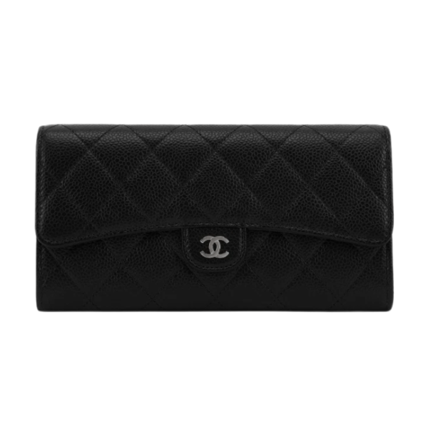 Chanel Classic Long Flap Wallet Grained Calfskin & Silver Black