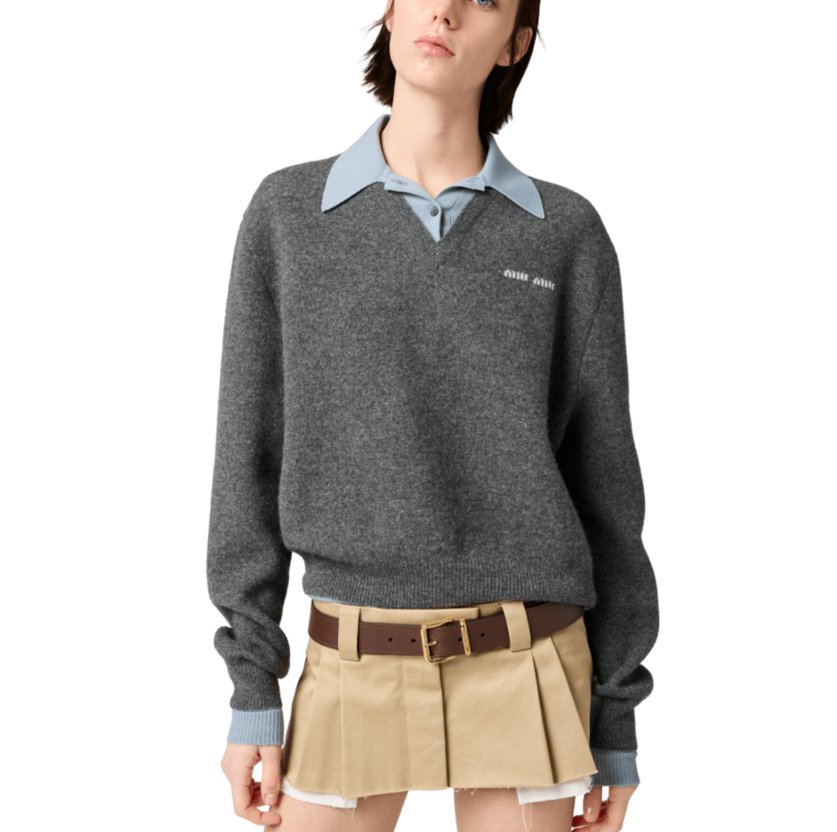 Cashmere and Wool Layered Logo Polo Knit - Grey Blue