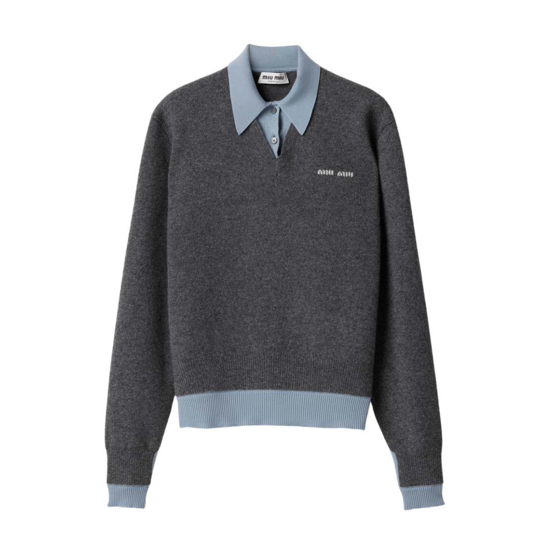 Cashmere and Wool Layered Logo Polo Knit - Grey Blue