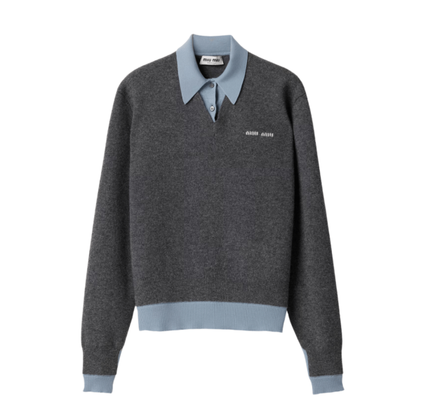 Cashmere and Wool Layered Logo Polo Knit - Grey Blue