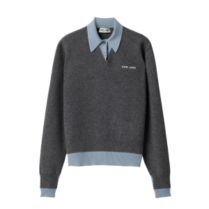 Cashmere and Wool Layered Logo Polo Knit - Grey Blue