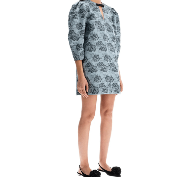 (W) Ganni Floral Jacquard A-Line Mini Dress Illusion Blue